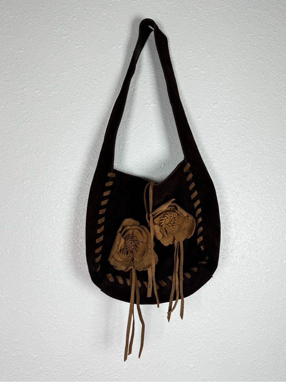 ⁠Y2K Express Brown Genuine Suede Leather Whipstitch Floral Flower Hobo Bag